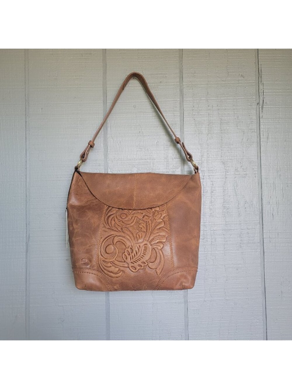 Børn Saddle Brown Genuine Leather Shoulder Bag Floral Embossed Western Boho Hobo